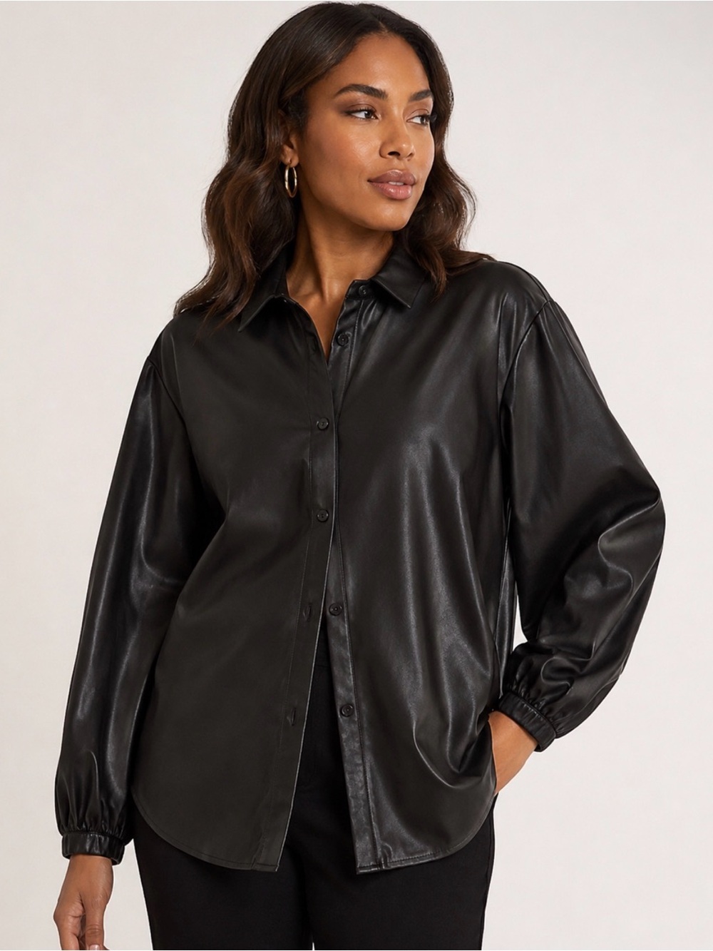 EXPRESS Women’s Black Faux Leather Button Down Shirt NWT